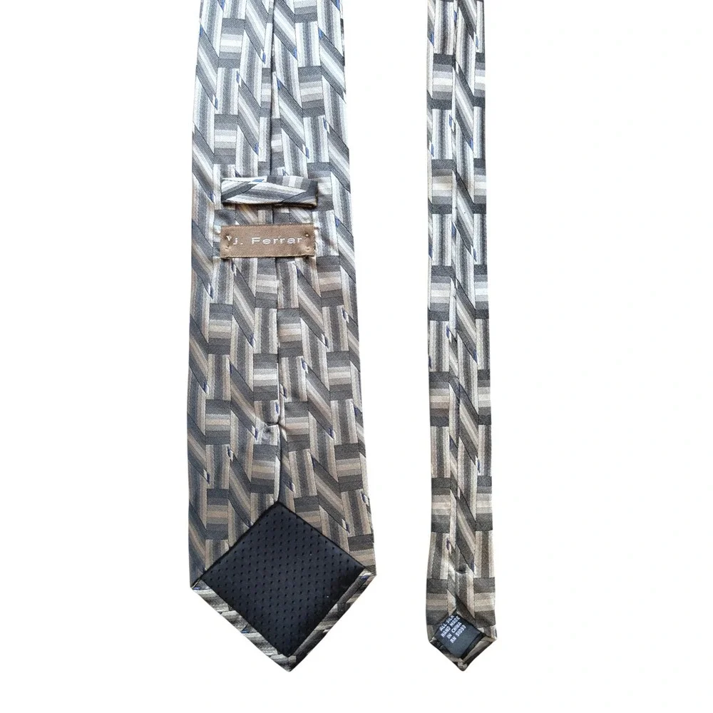 J.Ferrar Silk Necktie Grey Silver Geometric Woven Pattern Hand Made 57.75